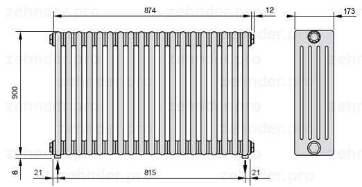 Схема (чертеж) Радиатор Zehnder Charleston 5090/19 №3570 Белый глянцевый RAL 9016